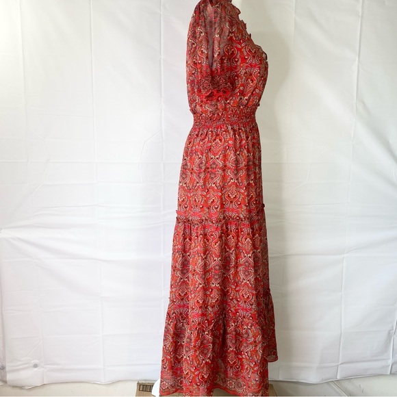 Max Studio Tiered Floral Midi Dress Small Red Tiered Ruffle Paisley Empire S - Picture 3 of 14
